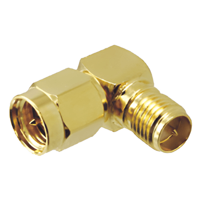 Adaptador en Ángulo Recto, de Conector SMA Macho a SMA Hembra Inverso, Oro/ Oro/ Teflón.