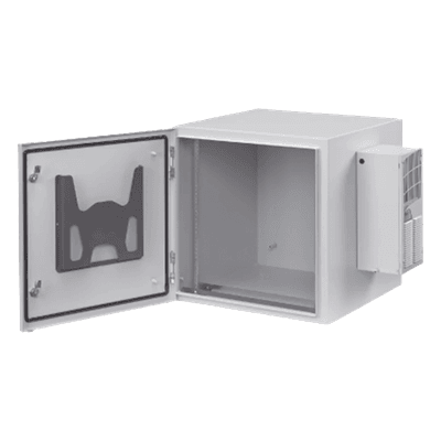 Gabinete Industrial ProTek de 12 UR de 612 x 600 x 614 mm Puerta Sólida Con Aire Acondicionado de 800 BTU Protección NEMA Tipo 4/12; IP66, Fabricado en Acero, Color Gris Claro