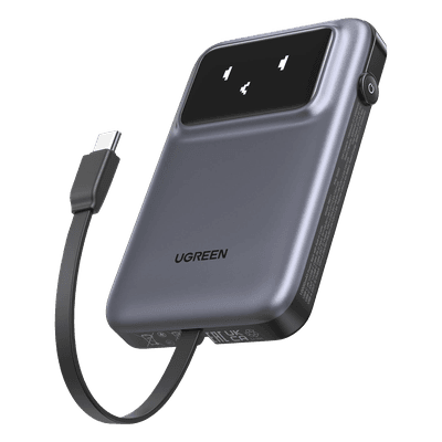 Power Bank Serie Uno |  10000mAh | 30W |  con Cable USB-C Incorporado | 2 Salidas 30W Max. | Pantalla Inteligente | Carcasa Ignifuga | Aprobado por Aerolíneas.| Color Grey.