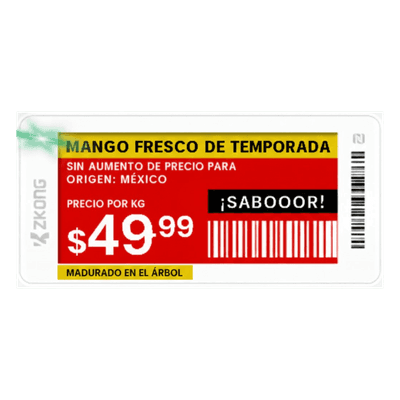 Etiqueta de Estantería Electrónica ESL ZKE21B / Pantalla EPD 2.13 Pulgadas / Resolución 122x250 Píxeles / 4 Colores (Negro Blanco Rojo Amarillo) / BLE 5.0 con Encriptación AES-128 / Batería 5 Años / NFC / C