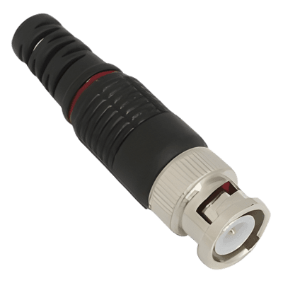 Conector BNC macho en 75 Ohm con Base de Alivio Plástica Negra para Cable Coaxial RG-59/ Níquel/ Oro / Teflón.