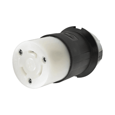 Conector Industrial con Bloqueo de Media Vuelta / 30 A 250 V CA / 2 Polos 3 Hilos / Color Blanco y Negro / Nema L6-30R. 