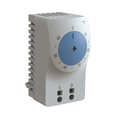Termostato/Interruptor Para Control de Temperatura en Grados Fahrenheit, Para Uso con Ventiladores, Con Terminales de Conexión, y Clip para Riel Din de 35 mm, Color Gris Claro